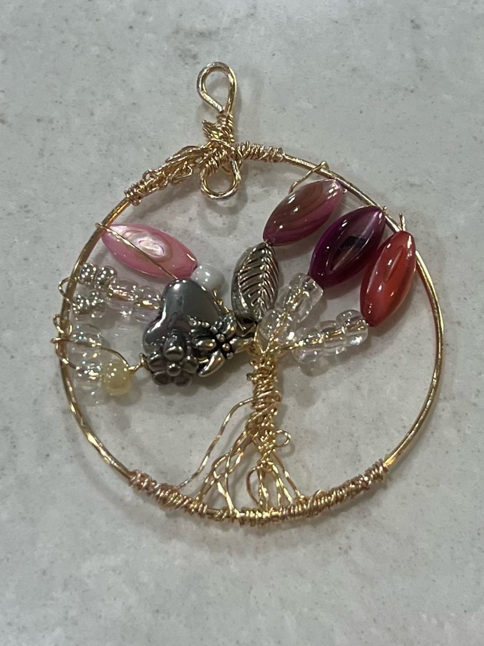 Handmade Gold Wire Tree of Life Pendant with Pink and Purple Beads